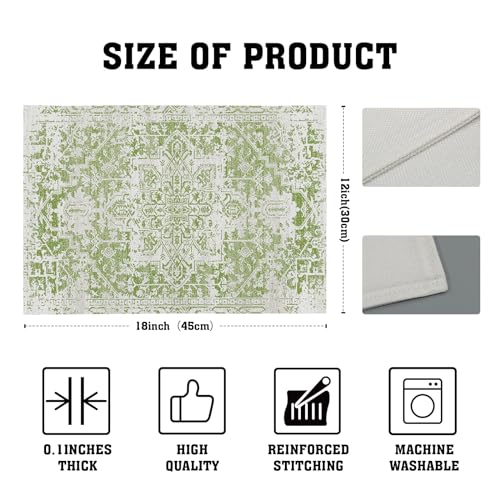 Image of Gray Lime Green Boho Placemats Set of 4 Ethnic Bohemian Carpet Place Mats Washable Kitchen Dining Vintage Grey Geography Floral Linen Table Mats Stain Heat-Resistant for Home Party Indoor 12x18 in