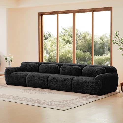 Sofá cama modular de 4 plazas negro con felpa premium, espuma 32D y función de sueño, sistema de asiento XL con función de cama para salón, dormitorio y esquinas de lectura, sin montaje