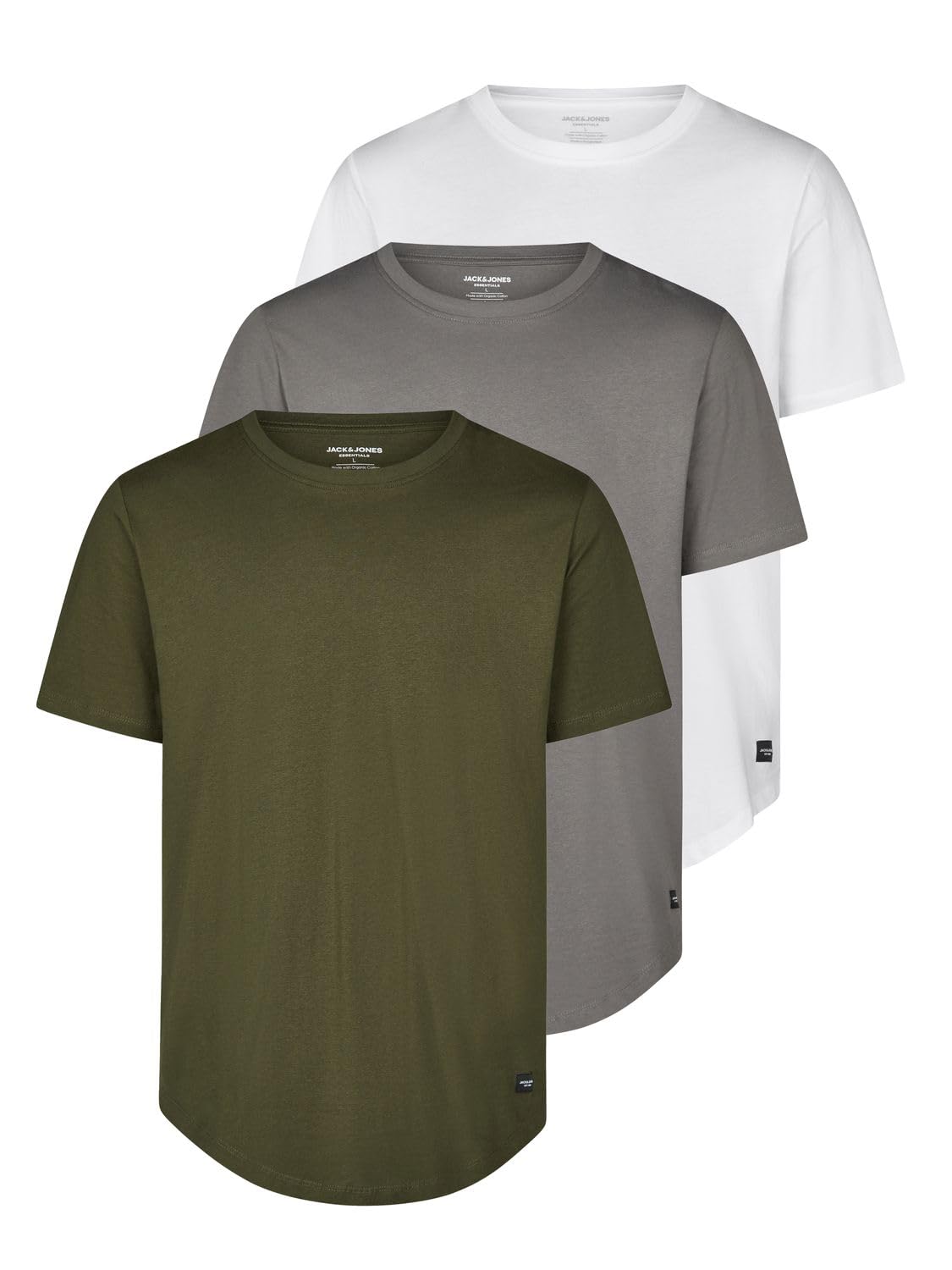 JACK & JONES Tshirt Herren lang geschnitten Set 100% Bio-Baumwolle Regular Fit JJENOA 3er Pack Rundhals Kurzarm Sommer Organic Basic Tee Shirt Schwarz Weiß Beige Grün Grau S M L XL XXL 3XL