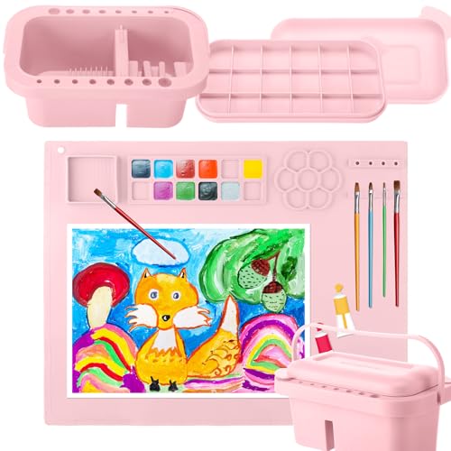 Image of Fuyoooo 2 Pcs Painting Supplies Set with Silicone Painting Mat & Paint Brush Cleaner Bucket for Crafts Paint Brush Holder Organizer with Palette Party Art Supplies for Kids, Adults & Beginners