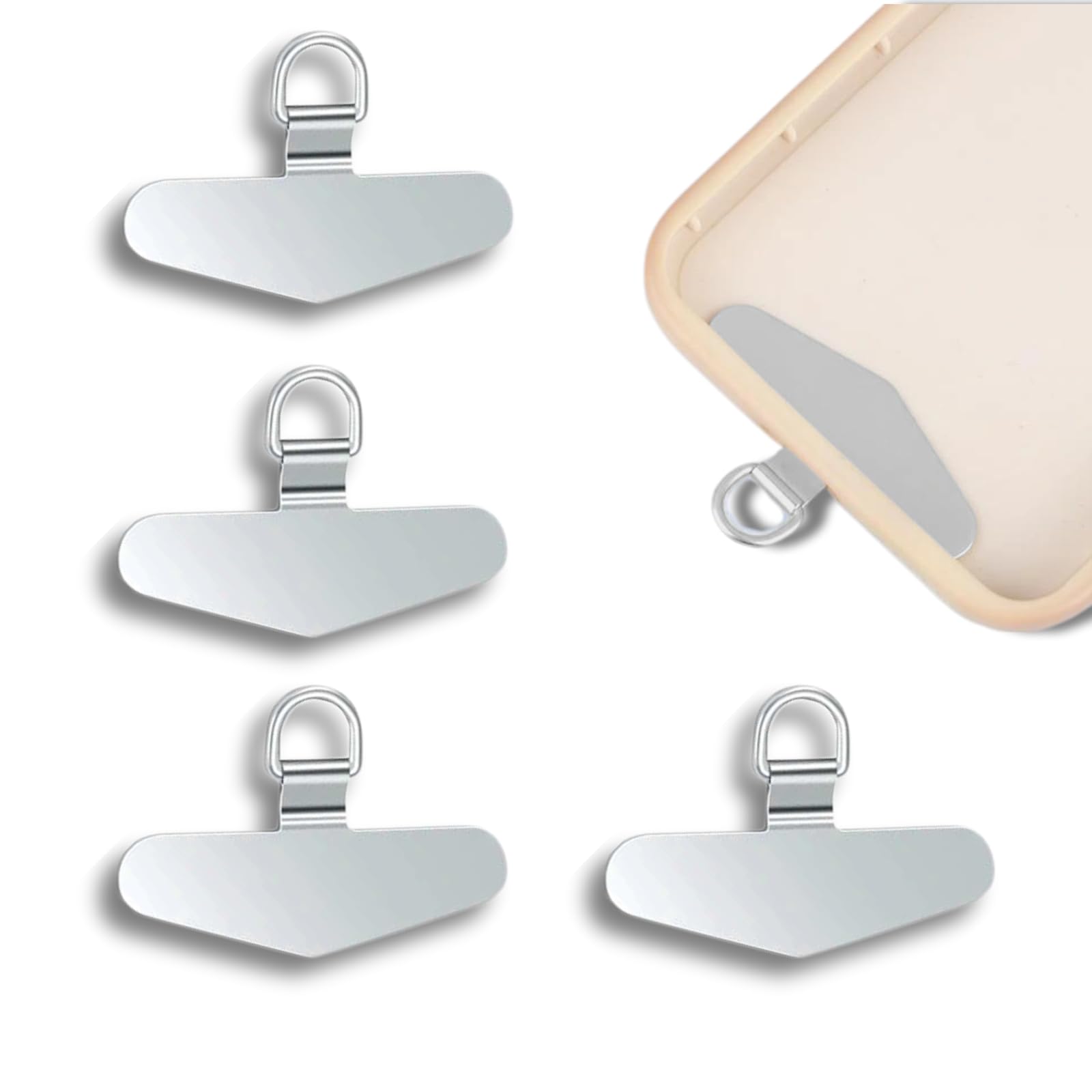 XIELBIS 4Pcs Phone Tether Tags,Phone Tether Tabs,Metal Crossbody Cell Phone Lanyard Patch Silve for Smartphones - Stainless Steel Cellphone Lanyard Tether Patches,Mobile Phone Lanyard Patch