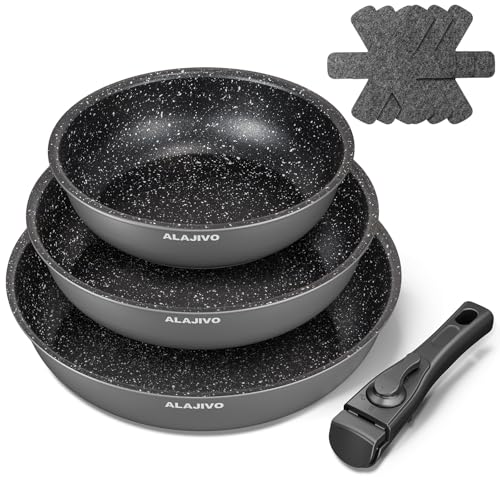 Pfannenset mit Abnehmbarer Griff, Pfanne Induktion, Bratpfanne mit Antihaft beschichtung, 7-Teiliges, 20+24+28 cm Platzsparend Pfannen, Pfannen Set für alle Herdarten, Spülmaschinen, Ofenfest (grau)