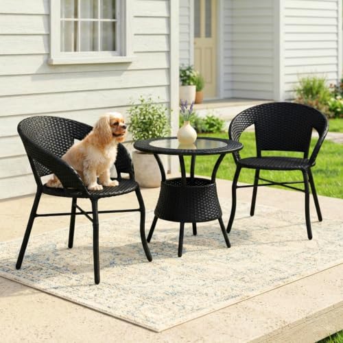Image of DEVOKO Outdoor 3-Piece Water-Resistant Wicker Patio Chair Table Set with Glass Top Table & Durable Metal Frame for Balcony, Garden (Black)
