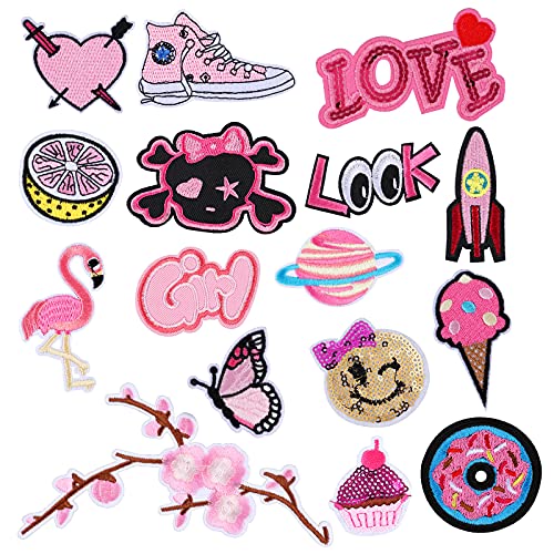 VETPW 16 Pièces Thème Rose Broderie Patch Thermocollant, Broderie Autocollant Iron on Patches Stickers Ecusson à Coudre pour Vêtements Sacs à Dos Vestes Jeans...