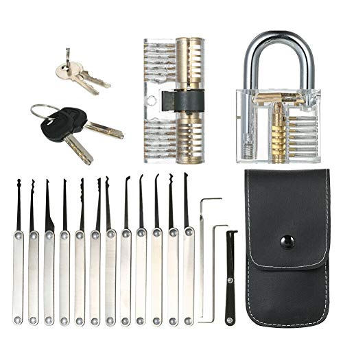 Ardorlove Unlocking Lock Pick Set with 15 Pcs Pick and 2 Keys Transparent Lock Professional Practice Padlock Lock Repair Tools Kit Door Opener Bump Key Locksmith Opener Tool