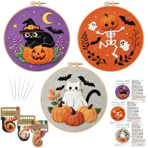 Image of Nuberlic Halloween Embroidery Kit for Beginners, 3 Pcs Easy Embroidery Kits for Adults Starter Cross Stitch Kit DIY Art Crafts Gifts for Women Men Friends, Home Decor