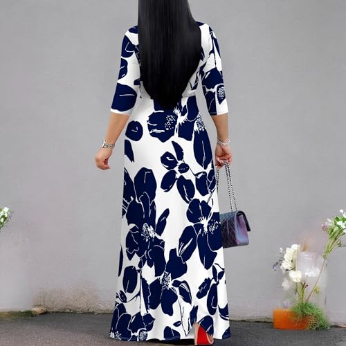 Image of Women's V Neck Floral Maxi Dress 3 /4 Sleeve Plus Size Boho Wrap Flowy Long Dresses with Belt
