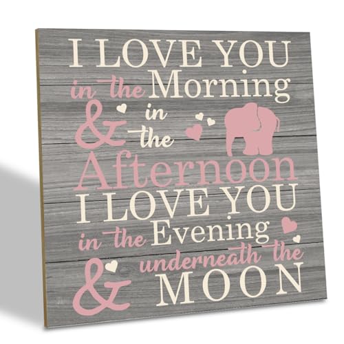 Image of Love Sign, Wood Plaque Table Art Sign 6.2 * 6.2inch, Elephant Wood Sign for Nursery, Decoration for Baby Girls Room, Daughter's Room Decor, I Love You in the Morning Afternoon Evening & Moon