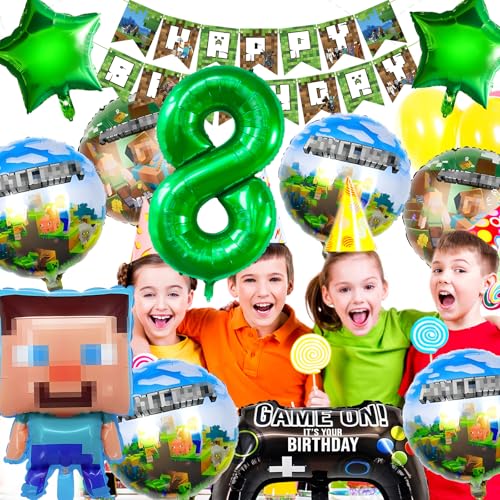 YianHien Minecraft Conjunto de balões de decoração de aniversário para crianças, 12 peças, Pixel Mine-Craft festa tema decoração de festa de aniversário com balões gigantes numerados, crianças de 8