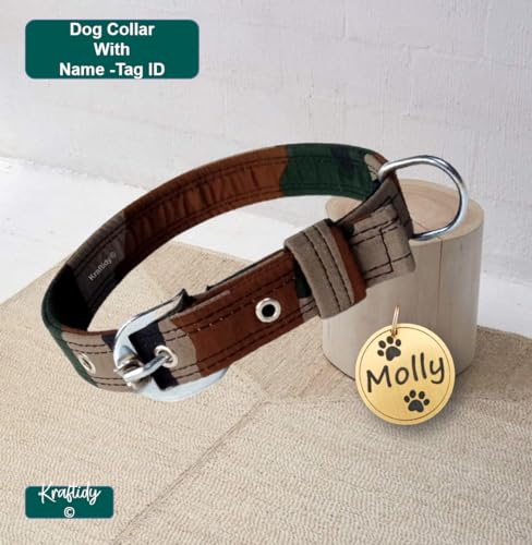 Image of Dog Collar Belt with Name tag id Customized for Small Medium Large Dogs Military Army Print Neck Collar with Personalized Dog Name (with Dog Name) (Large Dogs)
