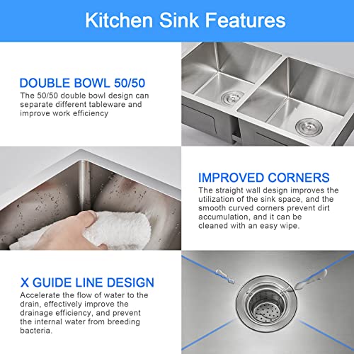 Rovogo 32X18X9 In. Undermount 50/50 Double Bowl Kitchen Sink, Deep Sink Stainless Steel Handmade 2 Equal Basin With Basket Strainer, Brushed #TOP4