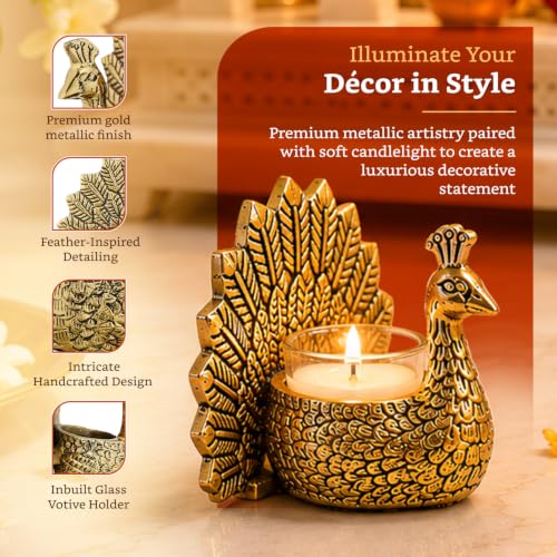 Image of Amazon Brand - Solimo Metal Gold Dancing Peacock with Scented Glass Votive Candle | Decorative Showpiece for Home & Puja | Table Decor | Diwali Gift & Festive Decoration (18.5 cm)