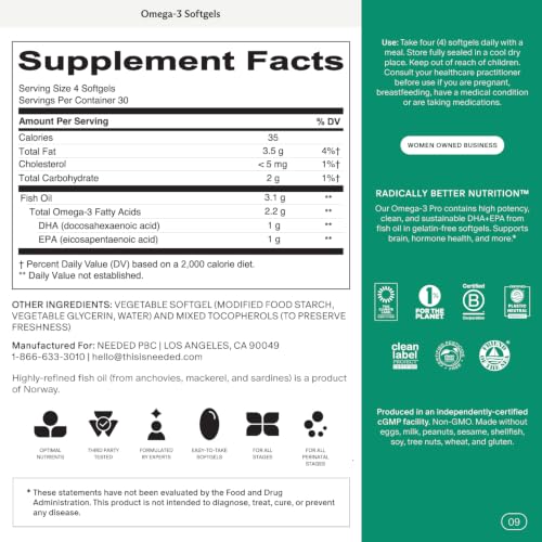 Image of Needed. Prenatal Omega-3 - High Potency Dose of Sustainably Sourced Fish Oil, Lemon Zest Scented, 1000mg DHA, 1000mg EPA, Encased in a Gelatin-Free, Plant-Based Softgel Shell, 30-Day Supply | High Potency Dose of Sustainably Sourced Fish Oil, Encased in a Gelatin-Free, Plant-Based Softgel Shell, 30-Day Supply