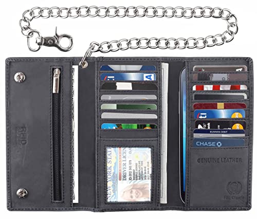 Image of F&L CLASSIC Chain Wallets for Men buffalo premium leather RFID blocking long style Tri-fold for Trucker, bikers, black buffalo