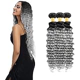 Ombre Grey Bundles 26 28 30 Inch Black and Silver Grey Ombre Brazilian Virgin Human Hair Weaves Dark Root 3Pcs Deep Wave Wavy Double Wefts #1B/Grey Two Tone Ombre Human Hair Bundles Deals