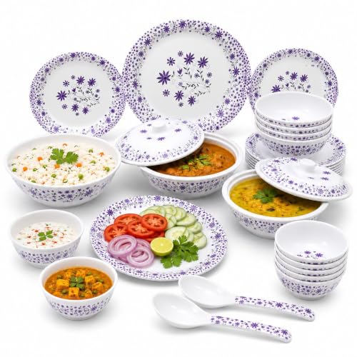 Image of 32 Pcs Premium Melamine Dinner Set with Purple Floral Print | Lightweight & Durable Dinnerware Set for Family Dining (Floral Bloom)