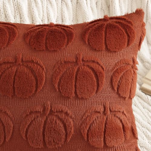 Image of decorUhome Fall Decorative Rust Pumpkin Throw Pillow Covers 16x16 Set of 2, Soft Faux Fur Plush Farmhouse Accent Pillow Cases for Couch Bed Sofa Autumn Harvest Halloween Holiday Home Decor