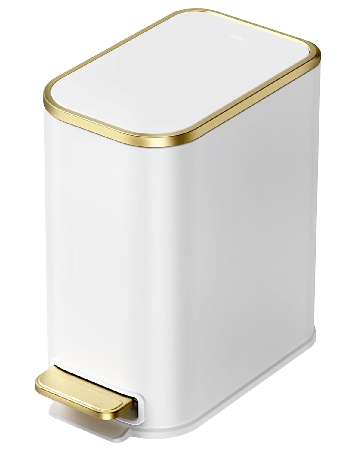 Cesun Small Bathroom Trash Can with Lid Soft Close, 5 Liter/1.3 Gallon Stainless Steel Garbage Can with Removable Inner Bucket, Step Pedal, Slim Waste Basket for Toilet, Office, Bedroom (White&Gold)