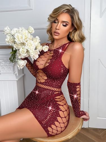 Image of Avidlove Fishnet Lingerie Womens Mesh Chemise One Piece Babydoll Mini Dress Lace Sparkle Rhinestone Lingeries for Women