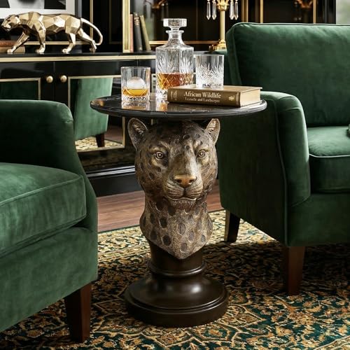 Decorative Leopard Round Side Table - Creative Bronze Animal Head End Table with Black Faux Marble Top - Luxury Safari Theme Accent Furniture Statement Piece for Living Room, Bedroom & Office