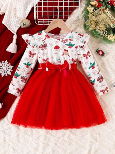 Toddler Girls Dresses Long Sleeve A-Line Swing Christmas Dress with Belt,for Xmas,New Year Party,Family Gathering3