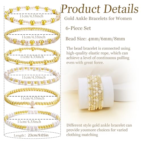 BROCC 6PCS Gold Beaded Anklet for Women Pearl And 14K Gold Bead Anklet Stackable Stretch Beads Jewelry Sets2