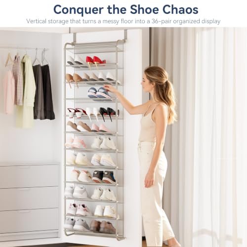 Image of Whitmor 36 Pair Over the Door Shoe Rack,12 Tier Hanging Shoe Organizer with Metal Frame & Mesh Shelves, Heavy Duty Shoe Storage Holder for Door, No Drill Installation, 74 inch H x 21.7 inch W x 7.5 inch D, Mocha