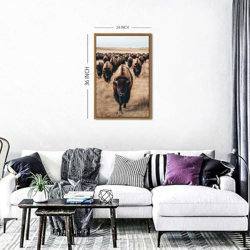 Image of Framed Bison Wall Art Western Buffalo Cow Pictures Wall Decor American Bison Herd Decor Rustic Wildlife Animals Canvas Prints Farmhouse Cabin Lodge Decor for Living Room Office Home Decoration 24x36