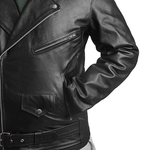 Image of Motorcycle Leather Jacket With Belt Motorbike Biker Classic Rider Rocker Made of Black Genuine Cowhide Leather