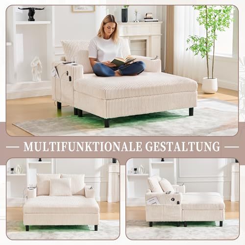 Soweiz Sofa, weicher Chaiselongue-Liegesessel mit seitlichen Getränkehaltern, USB-Anschlüssen, integrierter LED-Ambiente-Beleuchtung – für Wohnzimmer, Schlafzimmer, 142x128x85cm (Beige)