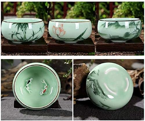 Hotumn Celadon Teacup Porcelain Chinese kungfu Teacup Fishes and Lotus Pattern set of 3
