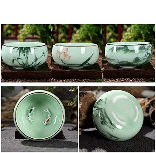 Hotumn Celadon Teacup Porcelain Chinese Kungfu Teacup Fishes And Lotus Pattern Set Of 3 #TOP3