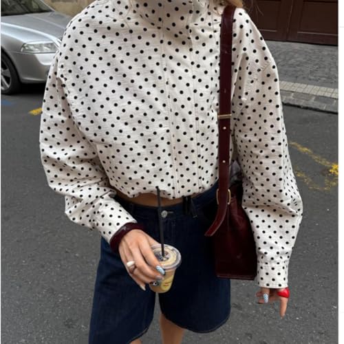 Xunger Women’s Polka Dot Jacket High Neck Long Sleeve Drawstring Hem Casual Trendy Cropped Coat with Pockets3