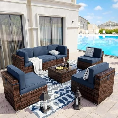 Image of 4PC Patio Furniture Sets, Modular Rattan Outdoor Sectional Furniture Sofa Set, Wicker Patio Conversation for Backyard, Deck, Poolside Coffee Table Set, (Blue)