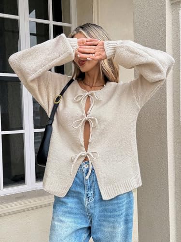 ZAFUL Women's Tie Front Cardigan Sweater Knotted Long Sleeve Knitwear Frenchy Oversized Cardigan4