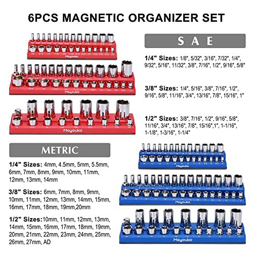 Image of Mayouko 6 Pieces SAE&Metric Magnetic Socket Organizer, 1 /4 Inch, 3 /8 Inch, 1 /2 Inch Socket Holders, Stores 143 Pieces of Standard (Shallow) and Deep Sockets