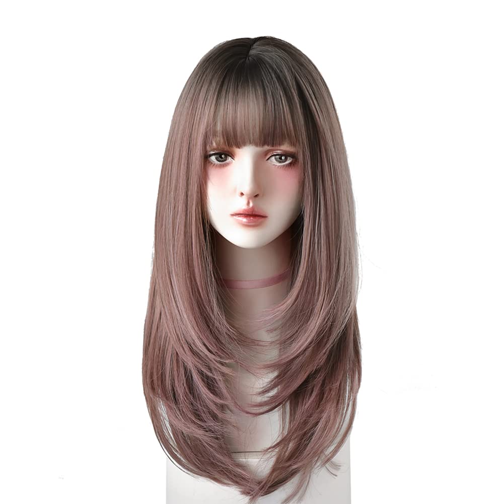 URCGTSA 25 Inches Long Straight Wig with Bangs Pink Wig Heat Resistance Layered Synthetic Wigs for Women (Black To Pink)