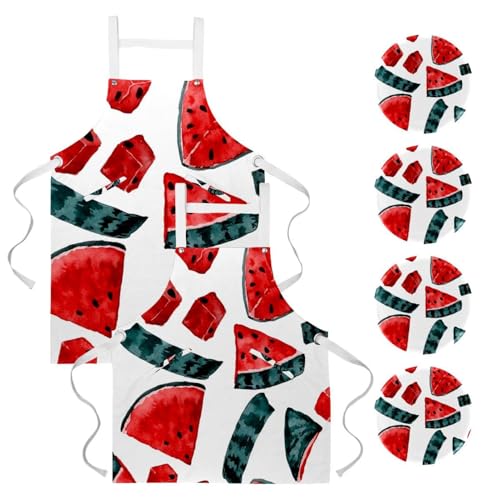Lot de 2 tabliers de cuisine motif pastèque aquarelle avec 4 broches