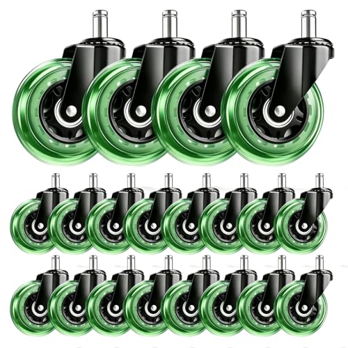 Image of 3 Inch Office Chair Wheels, Set of 20 (Green) | Heavy Duty Replacement Casters for Hardwood Floor & Carpet, Smooth Quiet Roll, Universal 11mm Stem, Non-Marking PU Wheels
