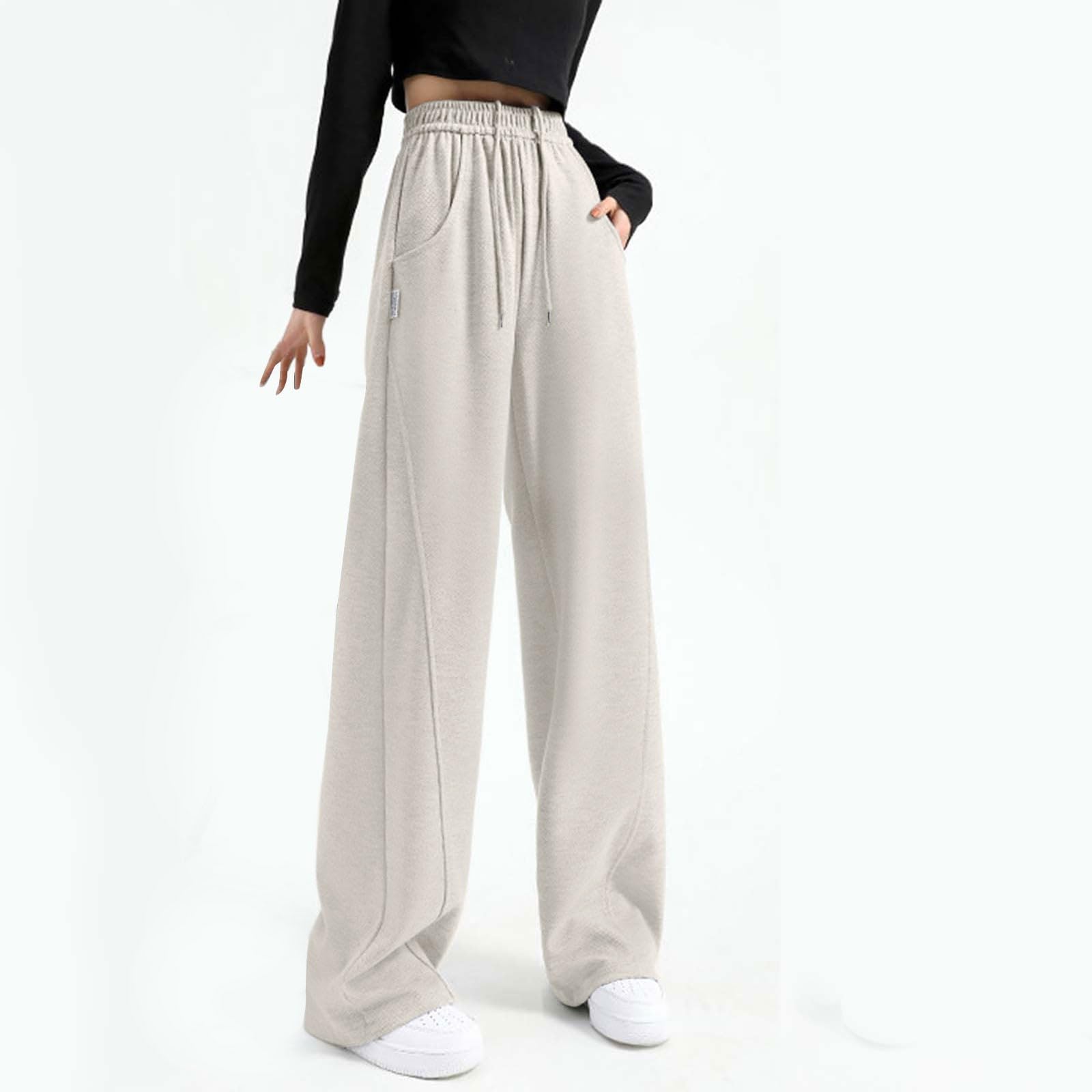 Pantalon Chandal Mujer Chandal Ancho Jogger Pantalones Holgados para Mujer Cintura Alta con cordón Ajustable Estilo Casual Suelto Bolsillos Laterales funcionales Ropa cómoda Diaria