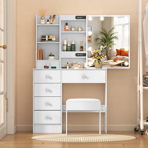 Caulitar Vanity Mirror with Lights Desk and Chair, 6 Drawers & 6 Storage Shelves Makeup Vanity Set with Stool, 3 Modes Adjustable Sliding Led Mirror, White Vanity for Bedroom,51.6''H
