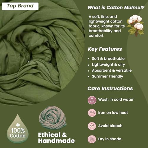 Image of Plain Mulmul Soft Cotton Fabric | Lightweight Breathable Mulmul Cloth | Super Quality Natural Cotton Fabric for Kurta, Dress, Dupatta, Lining & Craft Use (Turtle Green, 1 Meter)