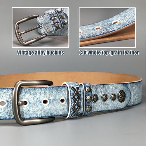 Western Genuine Leather Belt for Men Women Vintage Studded Belt for Jeans Pant Retro Belt Men,Vintage Blue,105CM/41.3''3