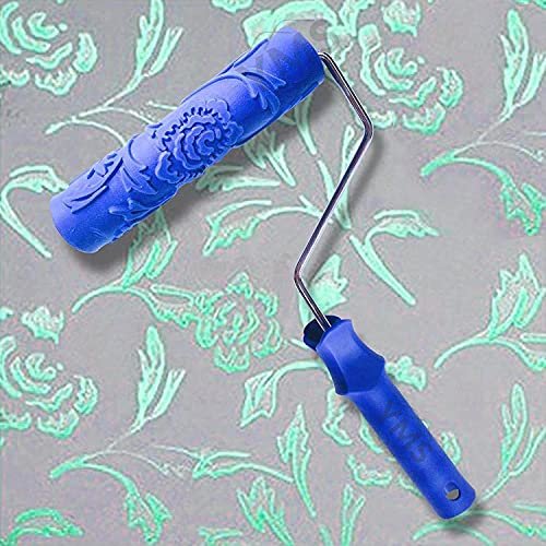 Image of YMS Rose Pattern Rubber Roller with Handle, DIY Painting Tool Household Wall Art for Home Decoration (7 inch, Blue /Red)