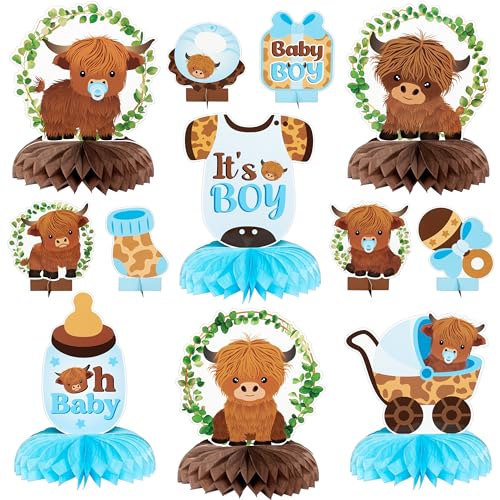 12Pcs Greenery Highland Cow Honeycomb Centerpieces Blue Highland Cattle Party Table Decoration It's a Boy Gender Reveal Cutout Welcome Baby Party Table Topper Photo Prop Decor