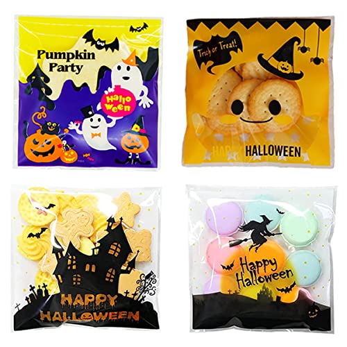 Forahome ハロウィン ラッピング袋 キャンディーバッグ 4種類100枚 10*10+3CM 自己接着 使いやすい 可愛い ハロウィーン お菓子袋 かぼちゃ 箒 幽霊 ハロウィン雰囲気 半透明 ギフトバッグ お菓子小分け 飴入れ 小物入れ 自粘着バッ
