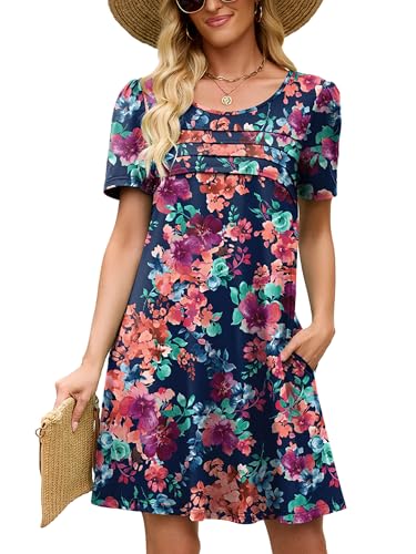 Image of Heymoments Women's Short Sleeve Crewneck Sundress Summer Casual A-Line Beach Dress with Pockets S-2XL