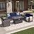 Super Patio 8 Pieces Outdoor Patio Furniture Set with 45” Fire Pit Table, Rattan Patio Conversation Sets with 50000 BTU Gas Fire Pit, Sectional Sofa Set with Storage Box, Navy Blue (Without Table)