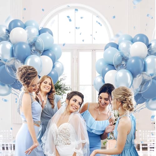 Image of 60pcs Dusty Blue Balloons 12inch with Clear Pastel Pearl Blue and White Balloons for Wedding Bridal Baby Shower Shower Birthday Party Decorations