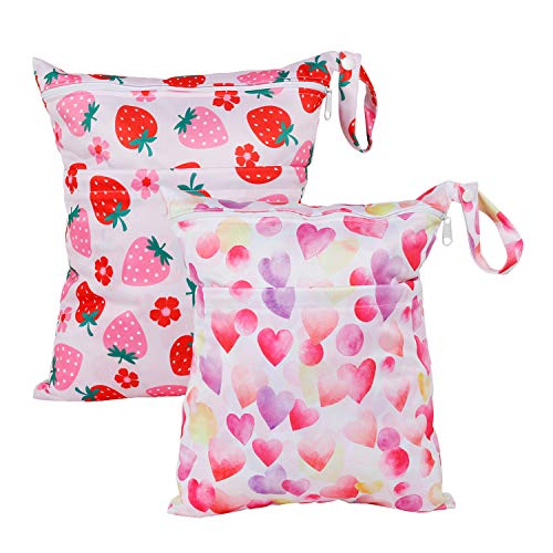 Image of TRENSOM Wet Dry Bag for Breast Pump Parts Waterproof Reusable with Two Zippered Pockets Strawberry Cloth Diaper Wet Bag for Travel Beach Pool Stroller Gym Bag for Wet Clothes Swimsuits 2pcs